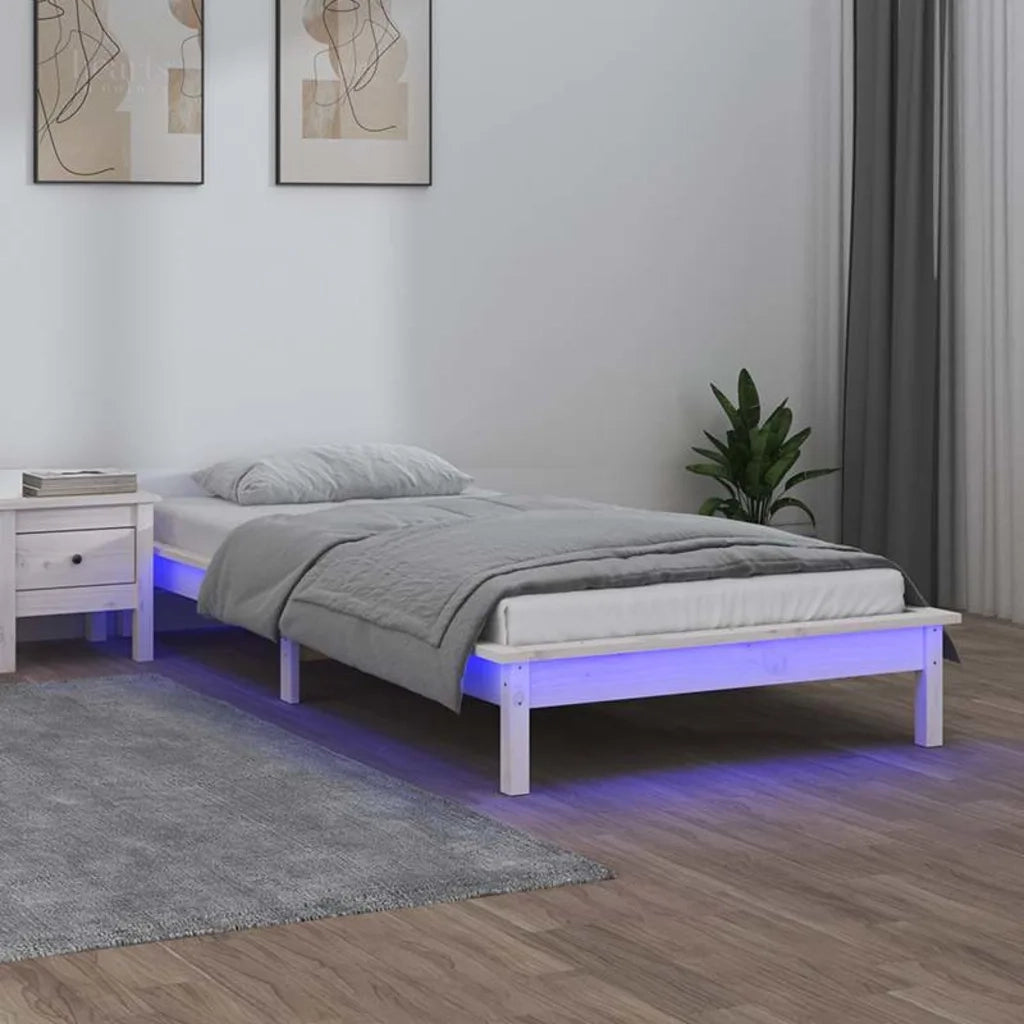 Letto singolo | Letto per adulti | Giroletto con LED Bianco 90x190 cm Single in Legno Massello
