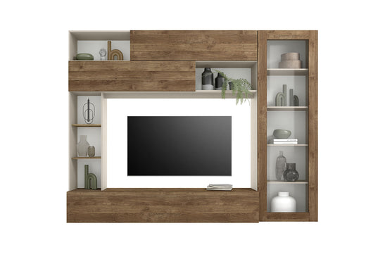 Parete Attrezzata Design Contemporaneo 277x40x210 cm con Anta Vetro Pratiko Cashmere e Noce Mercure