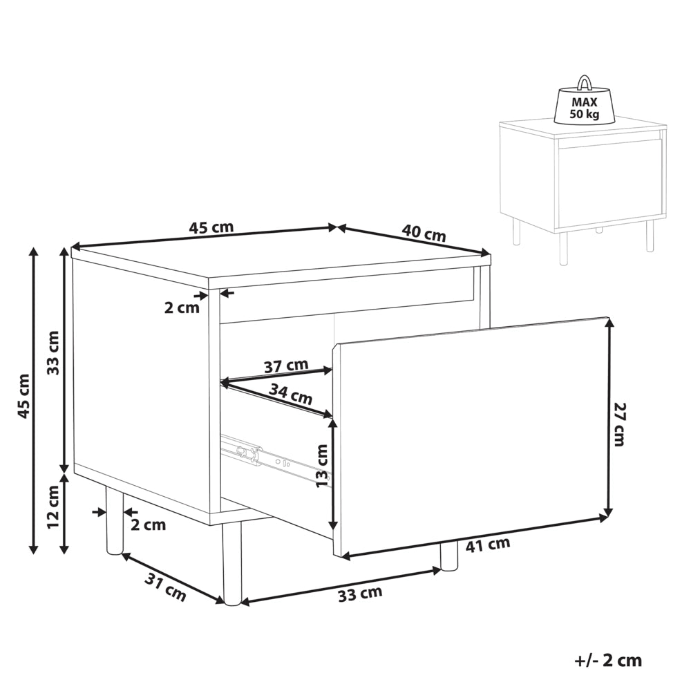 Comodino in truciolato di legno chiaro con 1 cassetto in metallo con gambe nere, minimalista e contemporaneo.