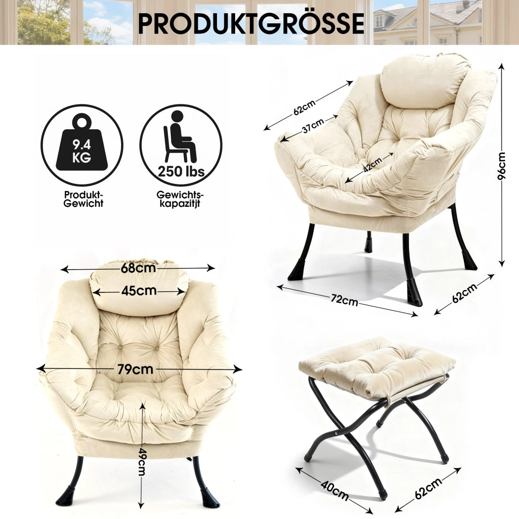 Poltrona relax con sgabello e tasca laterale con poggiapiedi pieghevole in tessuto e metallo beige