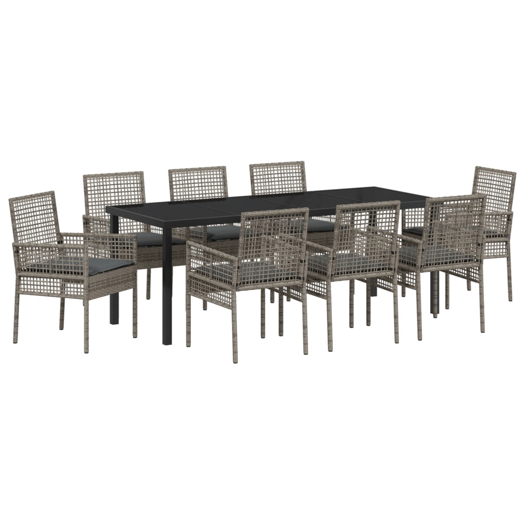 Set da pranzo per giardino 9 pezzi con cuscini grigio in polyrattan