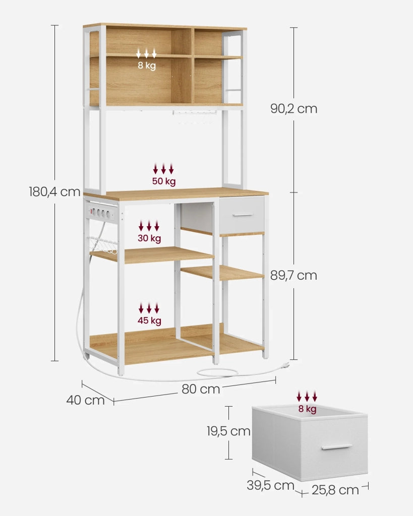Mensola da cucina con multipresa bar con ripiani regolabili cassetto in tessuto 12 ganci 40 x 80 x 1804 cm supporto per microonde bianco 12_0005658