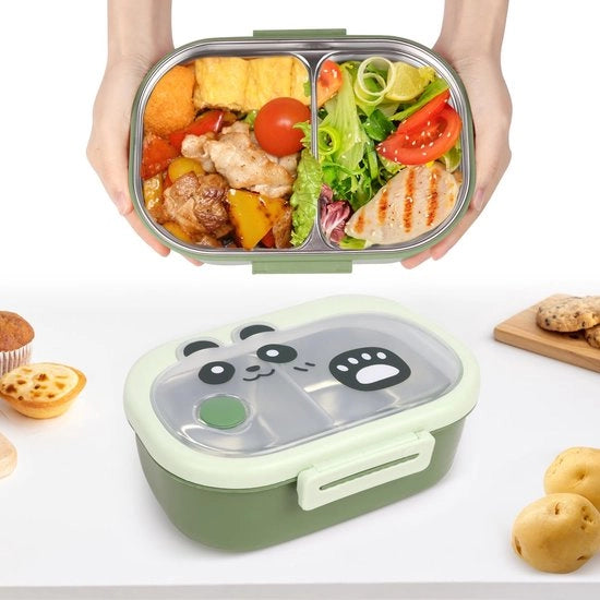 Lunchbox per bambini e adulti in acciaio inossidabile con 2 compartimenti, box Bento, impermeabile, sicura da lattine, idonea per lavastoviglie e libera da BPA, con motivo verde.