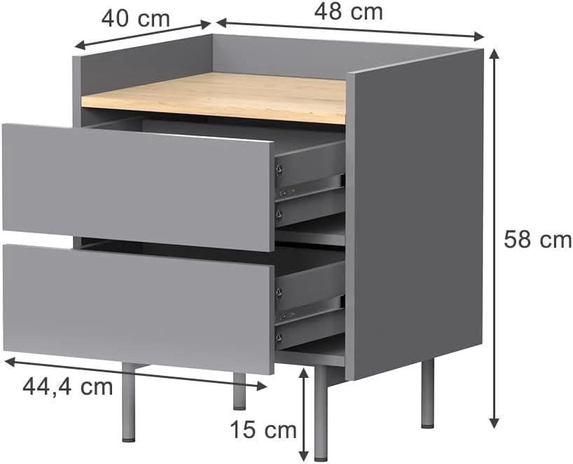 Comodino camera da letto Velina, Grigio/quercia, 48 x 58 cm con 2 cassetti