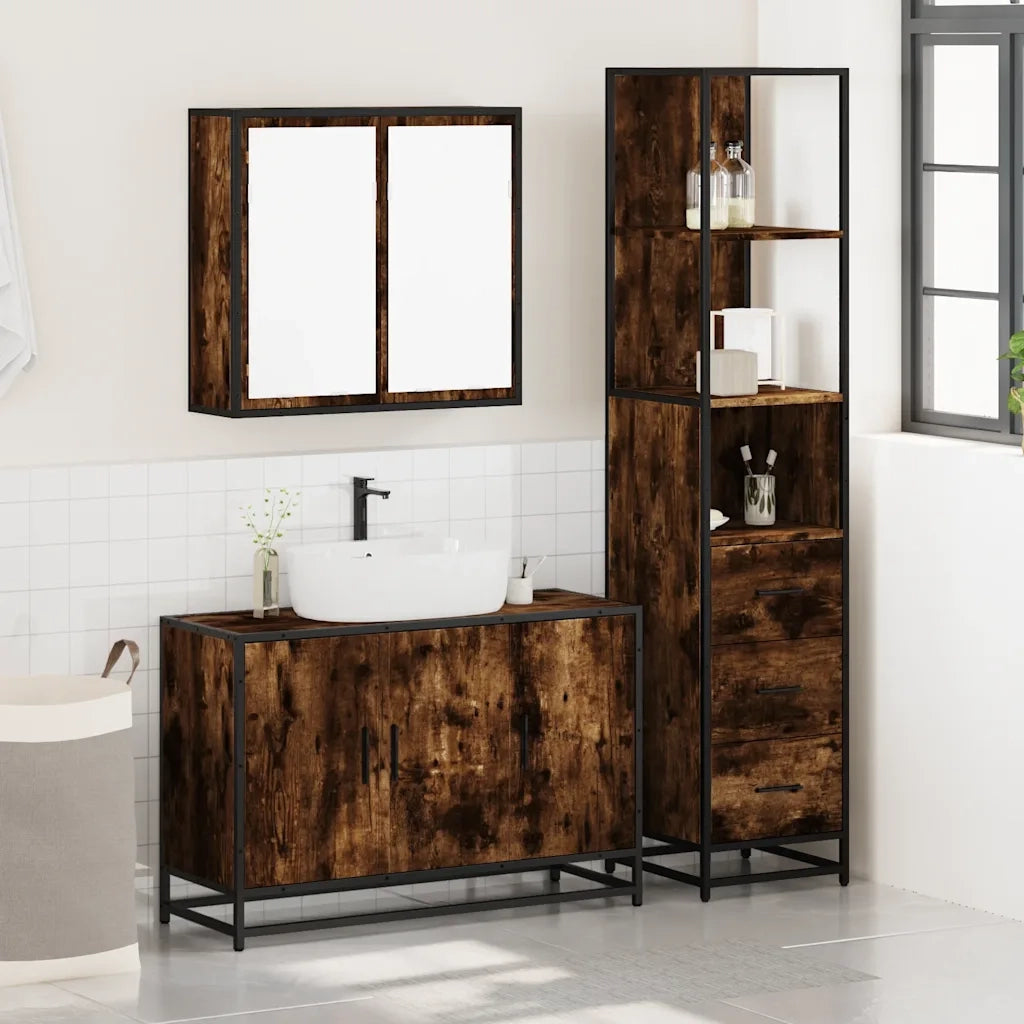 vidaXL Set Mobili da Bagno 3 pz Rovere Fumo in Legno Multistrato