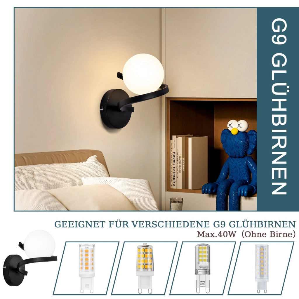 ZMH Applique da parete per bagno sfera in vetro G9 nera monocappa bianca per interni