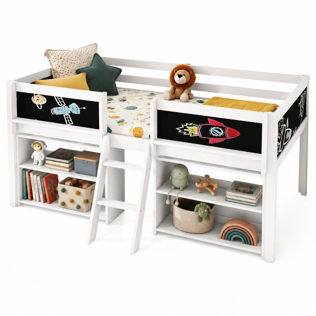 Letto semialto 90x200 cm con ripiani; sponde di sicurezza e scaletta; bianco