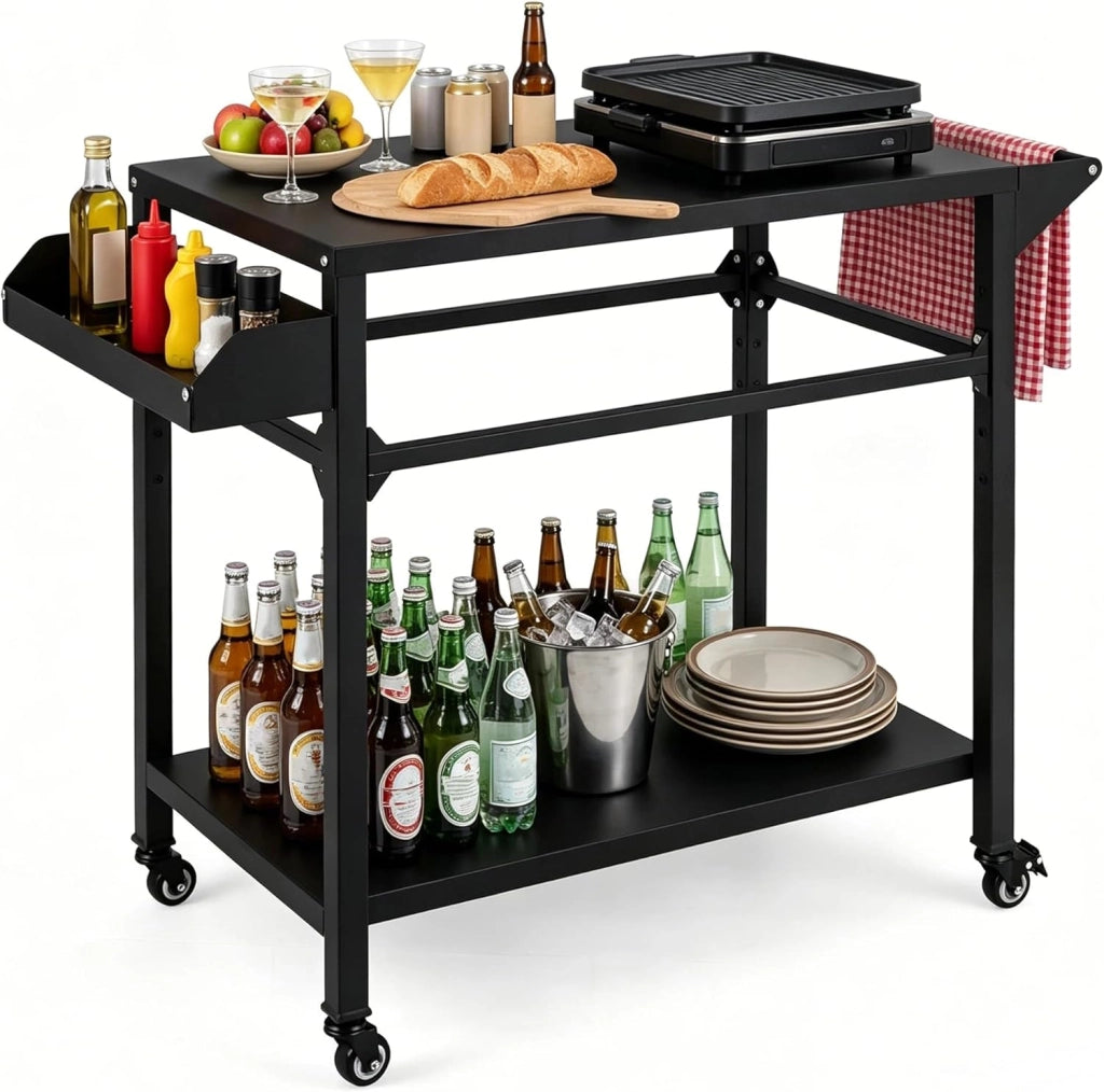 Carrello per Barbecue a 2 livelli, Carrello da Giardino con Porta Asciugamani e Scaffale per Spezie, Desserte da Esterno, 4 Rotelle, per Giardino e Terrazza, 100 x 45 x 80 cm, Nero