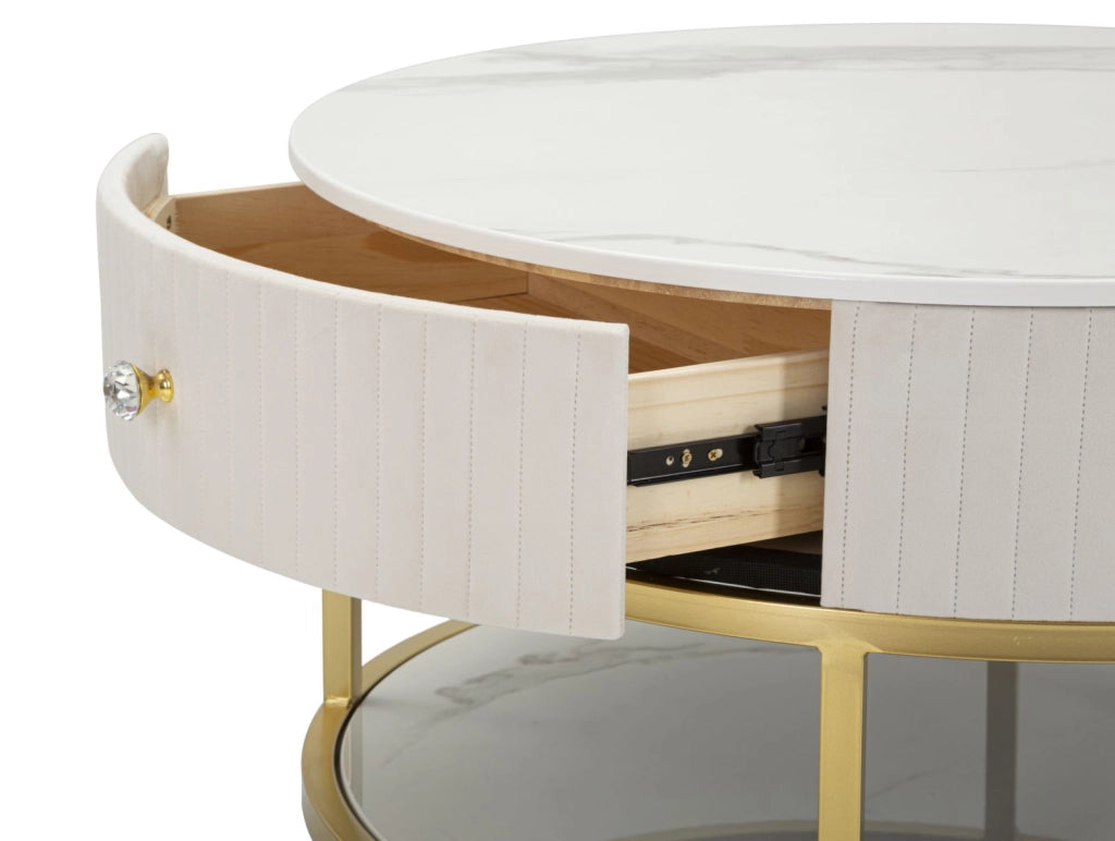 Tavolino da caffè con cassetto, metallo dorato, piano in similmarmo 40x82cm Montpellier