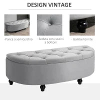 Panca Contenitore Fondoletto Imbottita a Semicerchio, Velluto e Legno, 120x46x42 cm, Grigio Chiaro