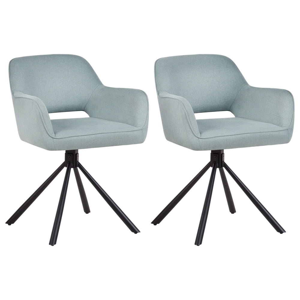 Set di 2 sedie da pranzo girevoli in tessuto azzurro  con braccioli schienale gambe in metallo nero Retro Transitional