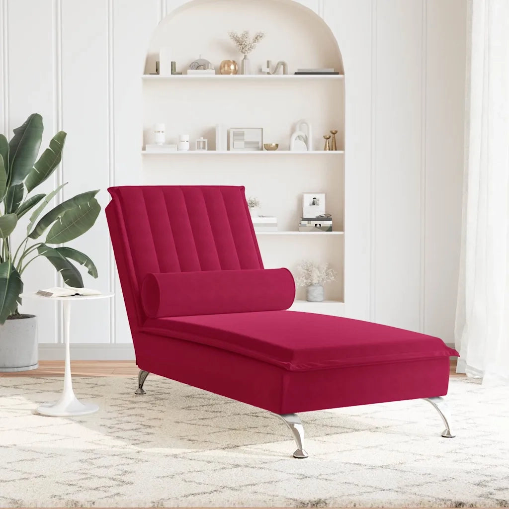 Chaise Longue Massaggi con Cuscino a Rullo Rosso Vino Velluto CFW2108549