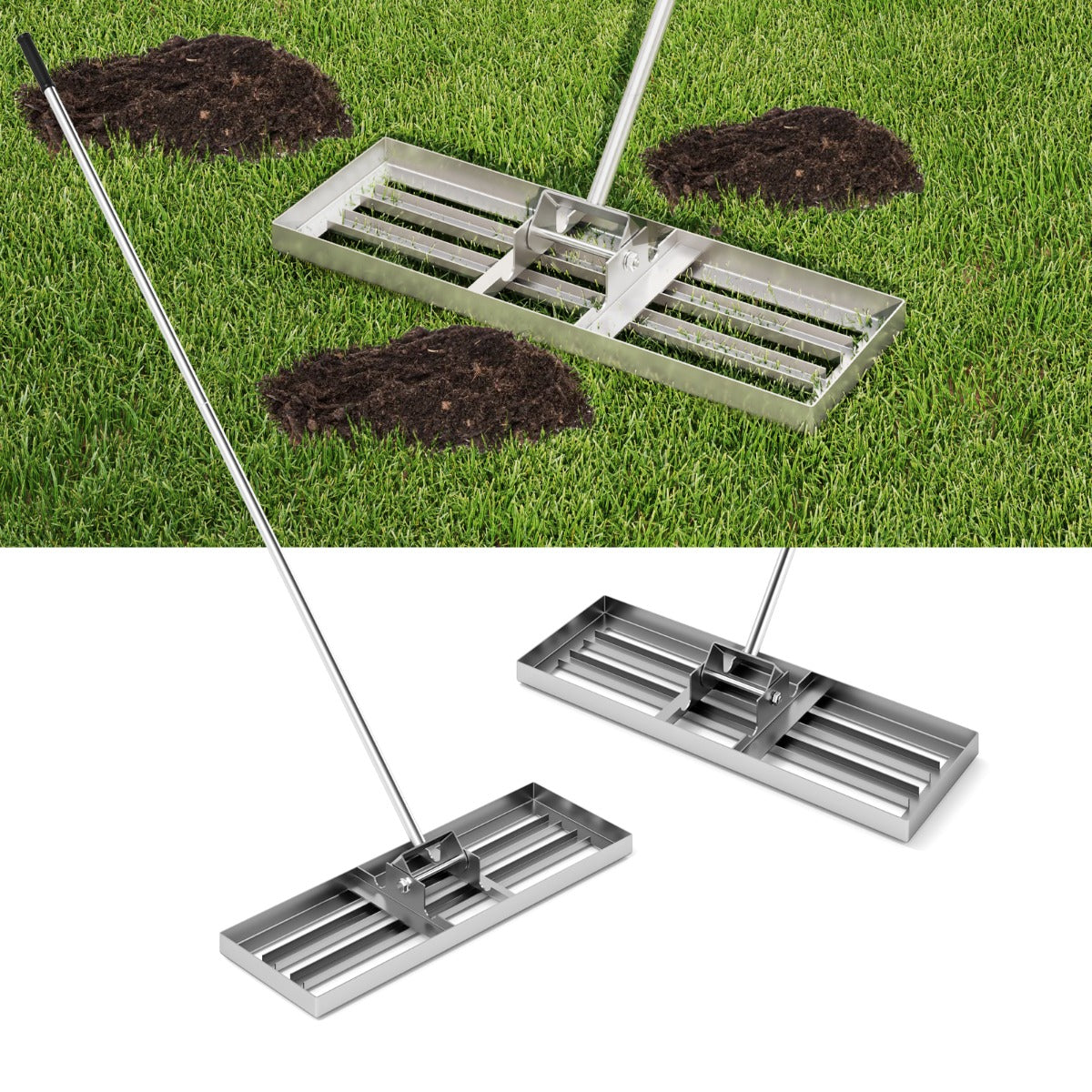 Rastrello livellatore per prato cortile, Livellatore giardino con impugnatura ergonomica e piastra 75 x 25 cm Argento-Attrezzi da giardino
