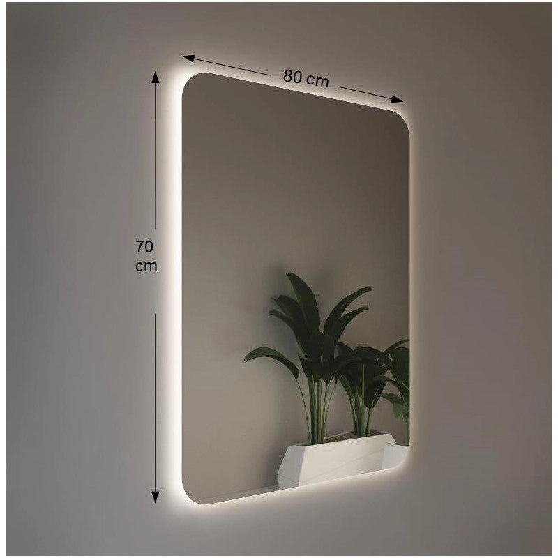 Specchio da Parete Retroilluminato a LED 80X70 spessore 4 mm,cm con Angoli Raggiati