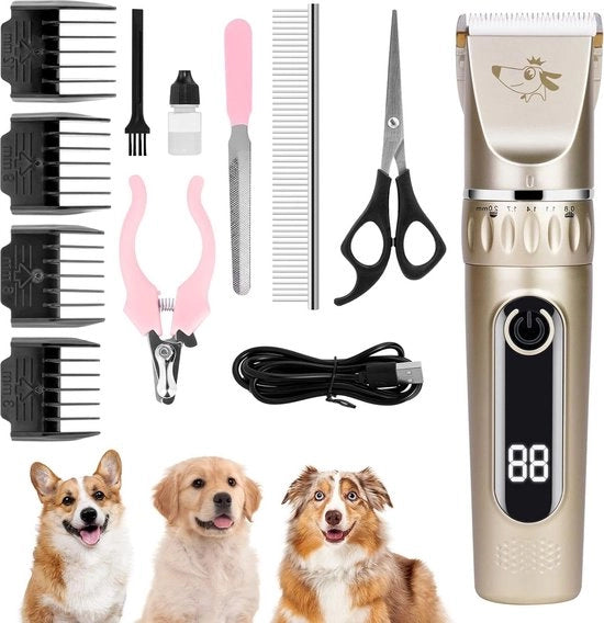 Tondeuse per Cani e Gatti - Ricaricabile e Senza Cavo - 2 Velocità - 11 Accessori - Giallo