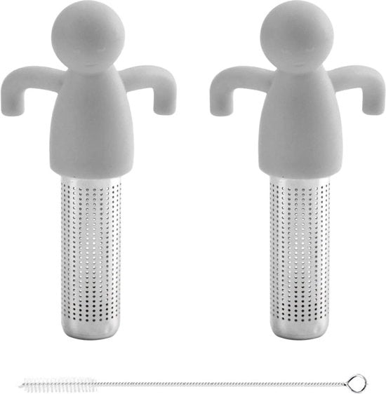 Zef per tè in acciaio inossidabile grigio - Filtro per tè con manico in silicone - Thee infusore umanoide con setaccio a maglie larghe