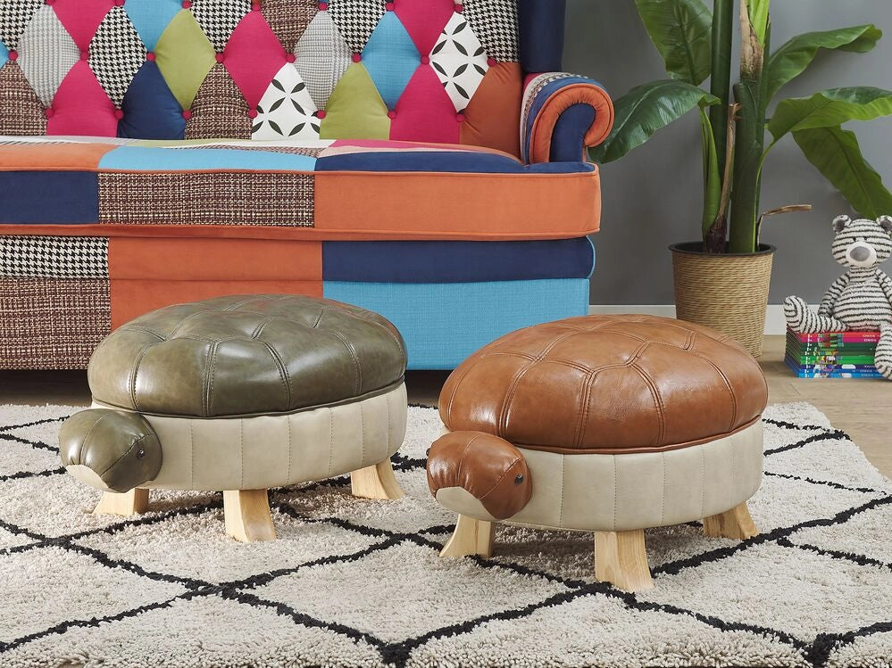 Pouf animaletto Sgabello per bambini Poggiapiedi in ecopelle verde Gambe in legno Sedile per cameretta dei bambini