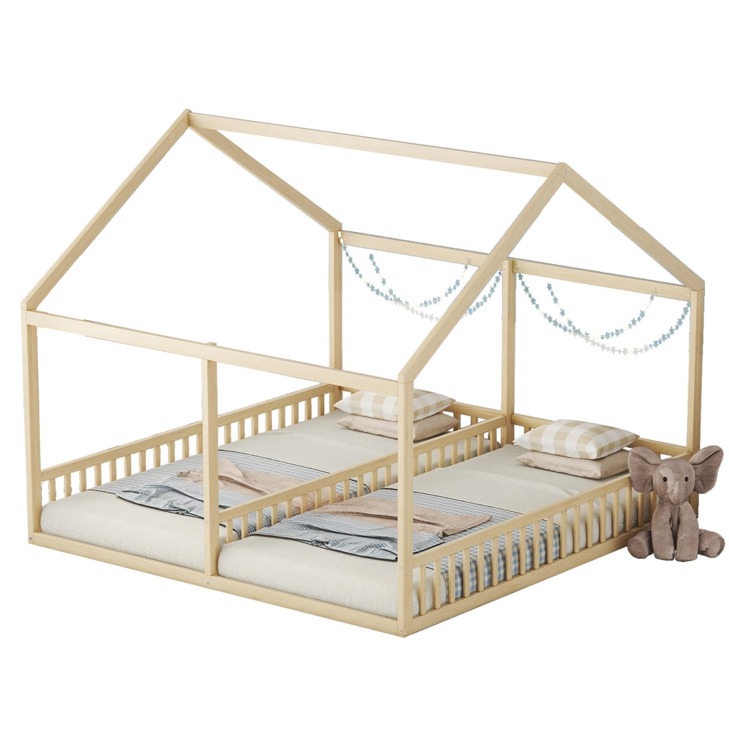 OKWISH Letto a casetta 90×200 cm, Letto 2 Posti con Sponde di Sicurezza e Separatore Centrale, senza Materasso, in Pino, Naturale