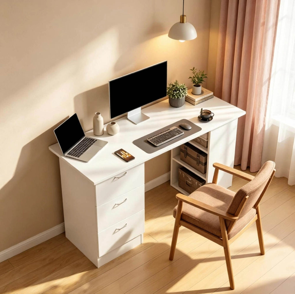Scrivania per computer in MDF bianco 120x49x72 cm con 3 cassetti e ripiani regolabili
