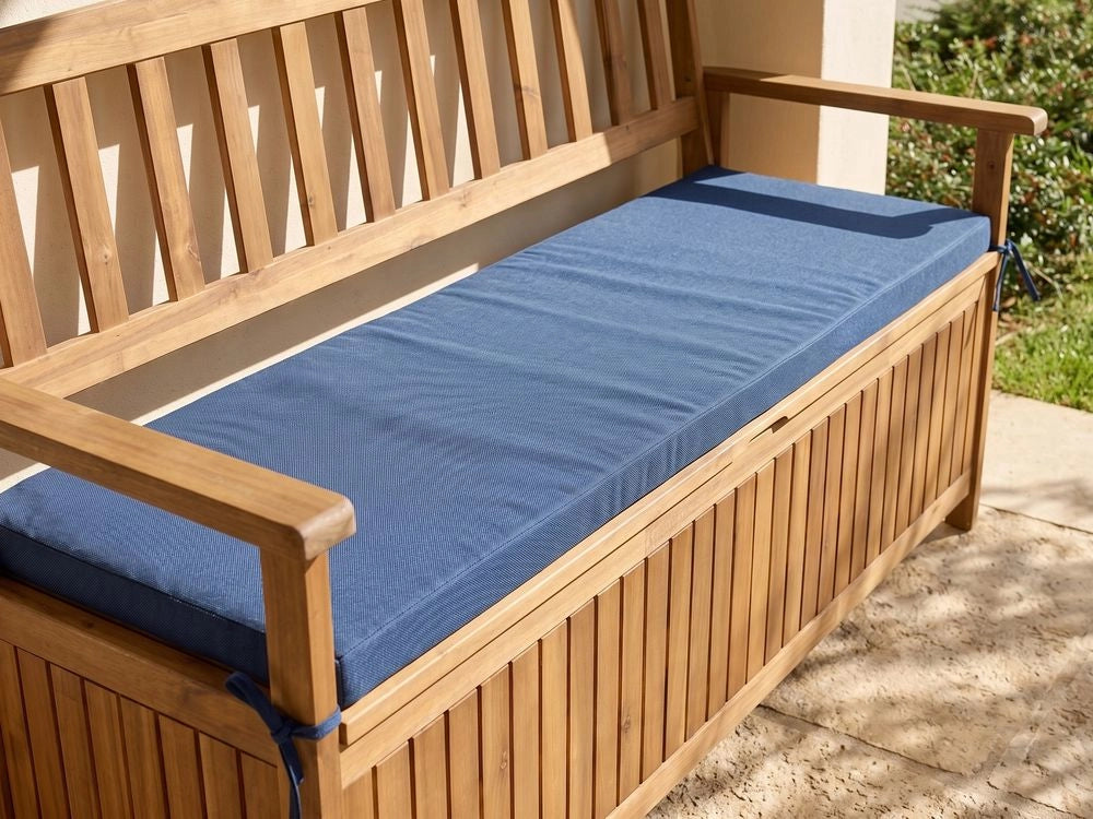 Cuscino per panche da esterno con lacci e rivestimento sfoderabile in tessuto blu con lacci, resistenti ai raggi UV e idrorepellenti