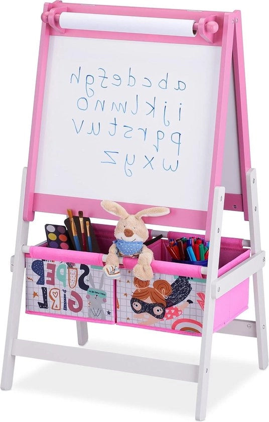 Tavolo da disegno e lavagna a due in uno con rullo di carta e contenitori - HBD 94 x 52 x 465 cm - lavagna bianca da appendere - rosa/bianco Tavolo da disegno