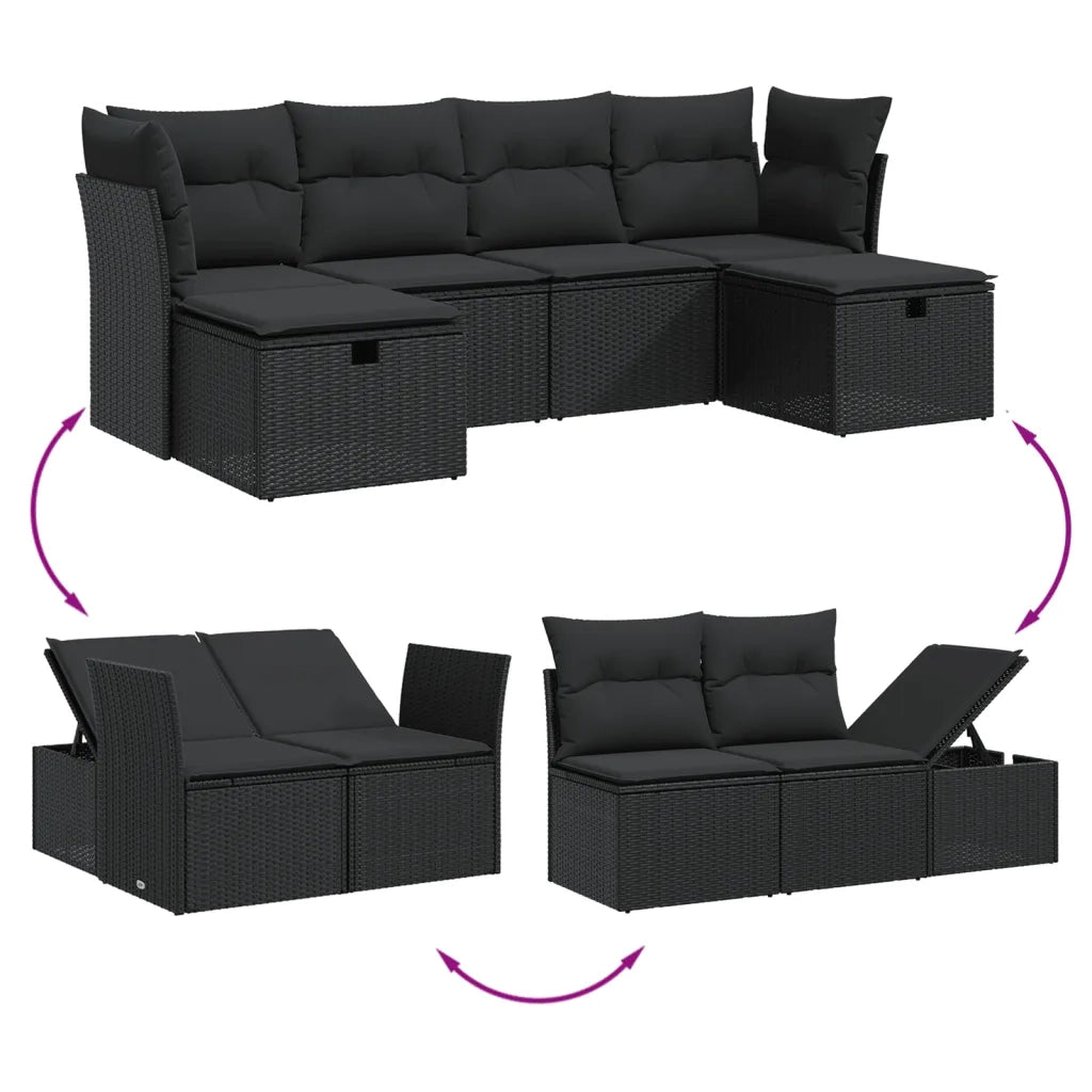 Set Divano da Giardino 6 pz con Cuscini Nero in Polyrattan