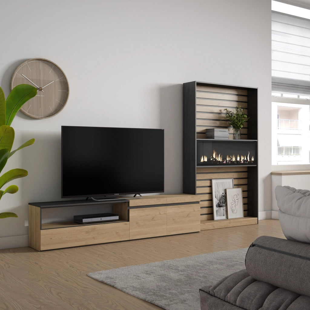 Mobile TV, Soggiorno, 310x35x186cm, Per TV fino a 80", Camino elettrico, colore Rovere e nero RF2861