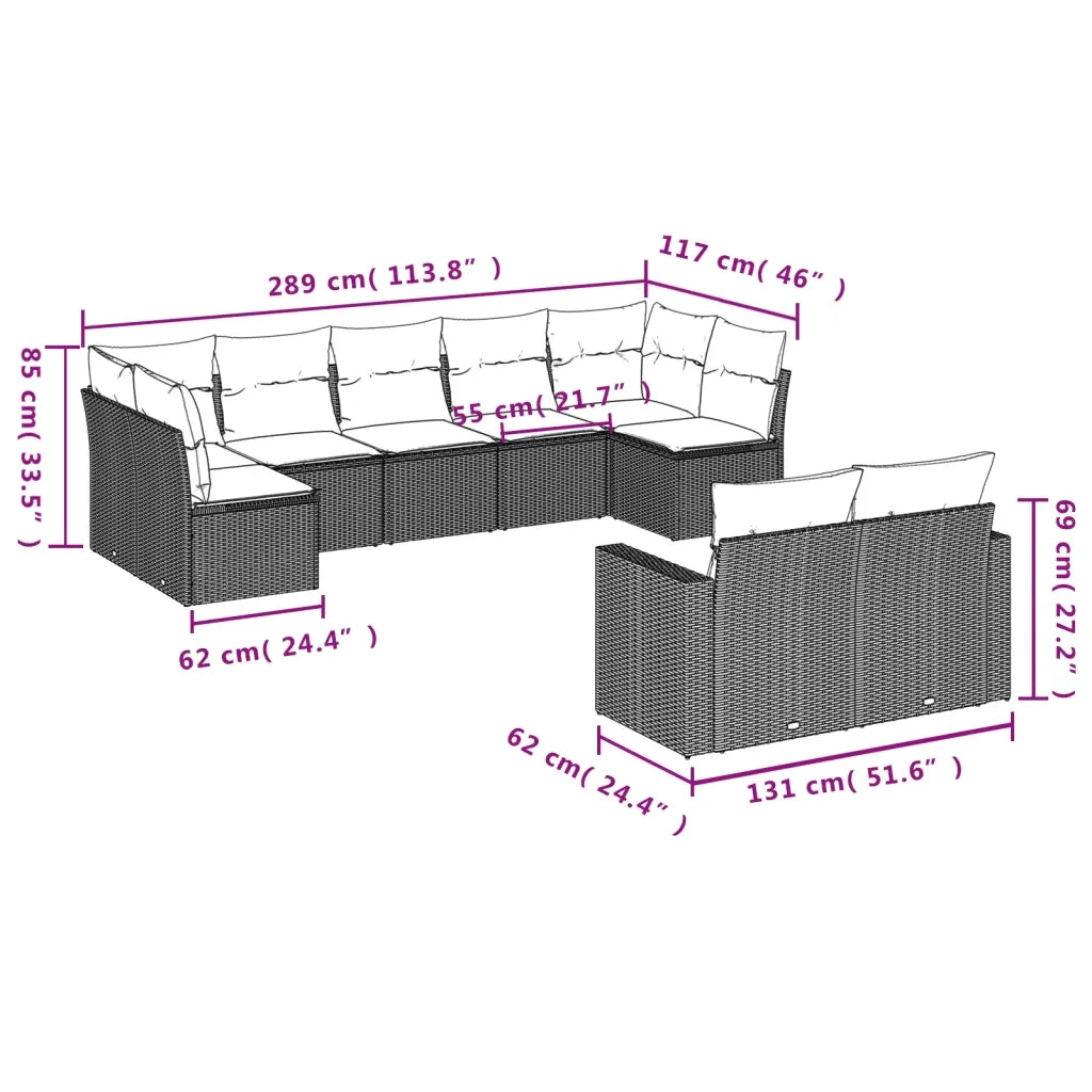 Set Divano da Giardino 9 pz con Cuscini Beige in Polyrattan 3251755