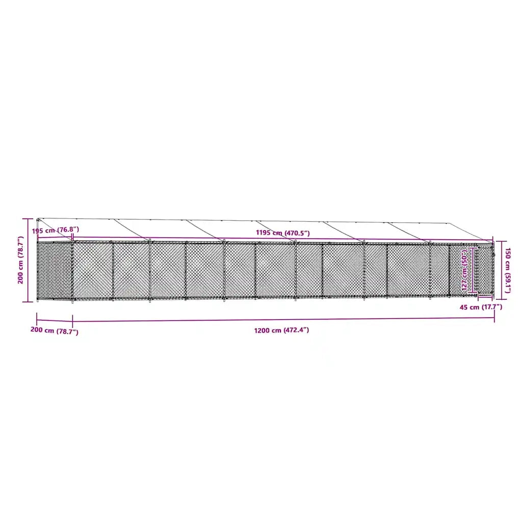 Gabbia Cani con Tetto e Porta Grigia 12x2x2 m Acciaio Zincato 3209572