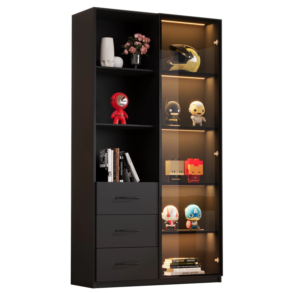 Libreria vetrina con LED e 3 cassetti, con 3 vani aperti e porta in vetro temperato, nero, 80 × 40 × 160 cm
