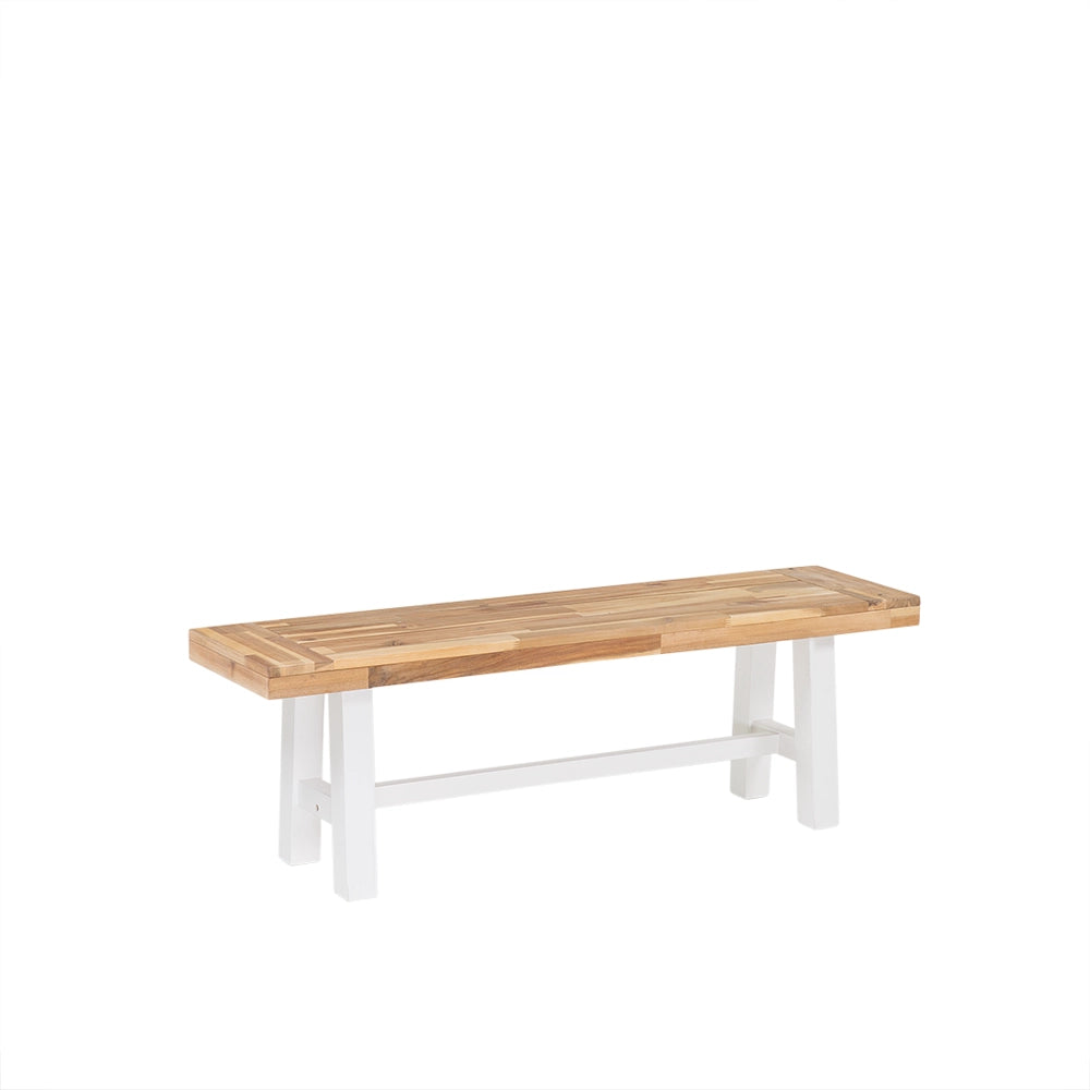 Set da pranzo da giardino Piano in legno chiaro Gambe bianche da esterno 3 pezzi Tavolo rettangolare in legno di acacia 2 panche