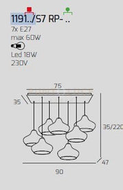 SOSPENSIONE BIANCO 7 LUCI RETTANGOLARE VETRI (4 X PICCOLO RU+ 3 X PICCOLO ZA) 1191BI-S7 RP-ZR