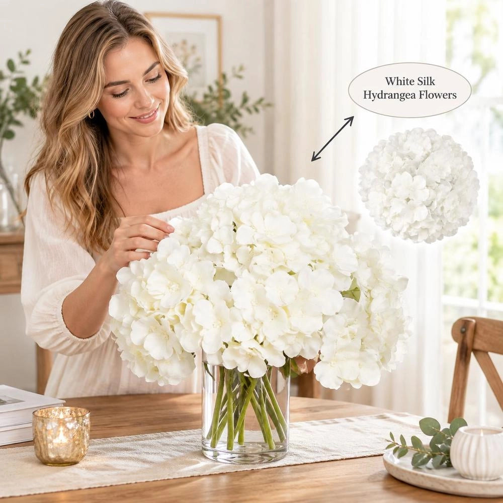 Artificial Flowers, 105 Pieces Of White Artificial Silk Hydrangeas, White Artificial Flowers With Stems For DIY Wedding Bouquets, Table Decorations For Home, Party Table Decorations