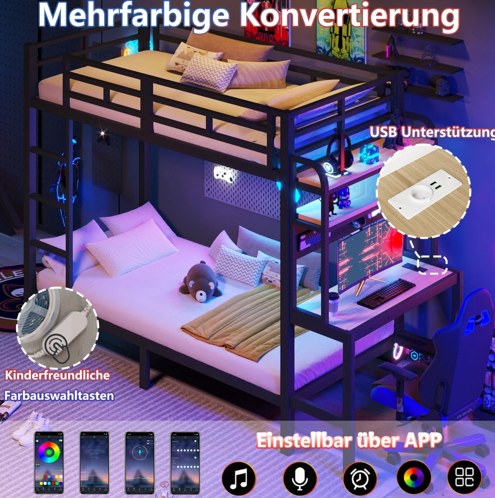 LETTO A CASTELLO 90x200 cm Metallo Nero con scrivania, LED e USB