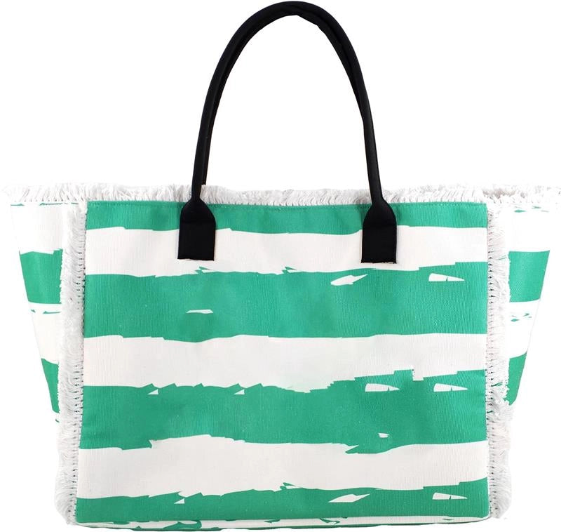 BORSA MARE CON MANICO E FRANGE FANTASIA A RIGHE BIANCHE E VERDI 30X12X22 CM + POUCHETTE  28X18 CM DA POLSO