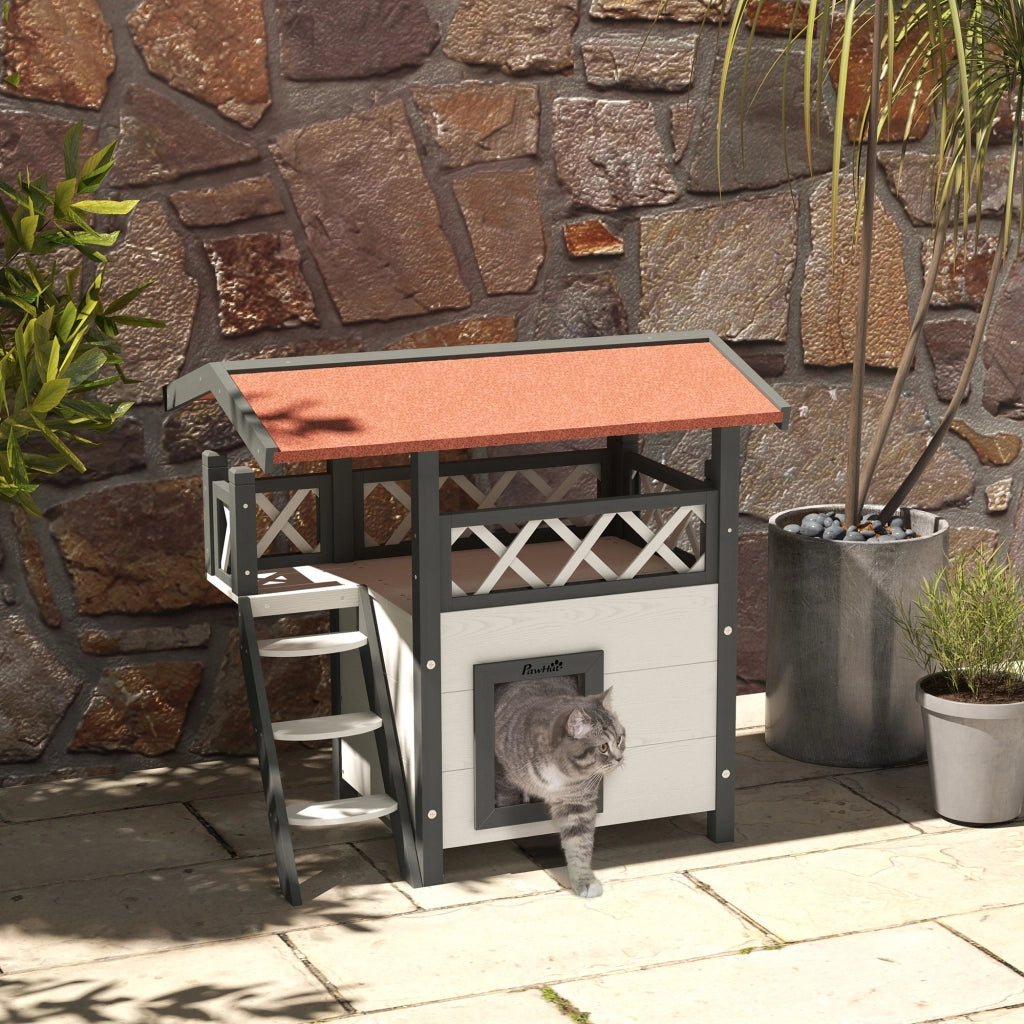 Casetta per Gatti da Esterno con Terrazza e Scaletta in Legno, 77x50x73cm, Bianco e Grigio