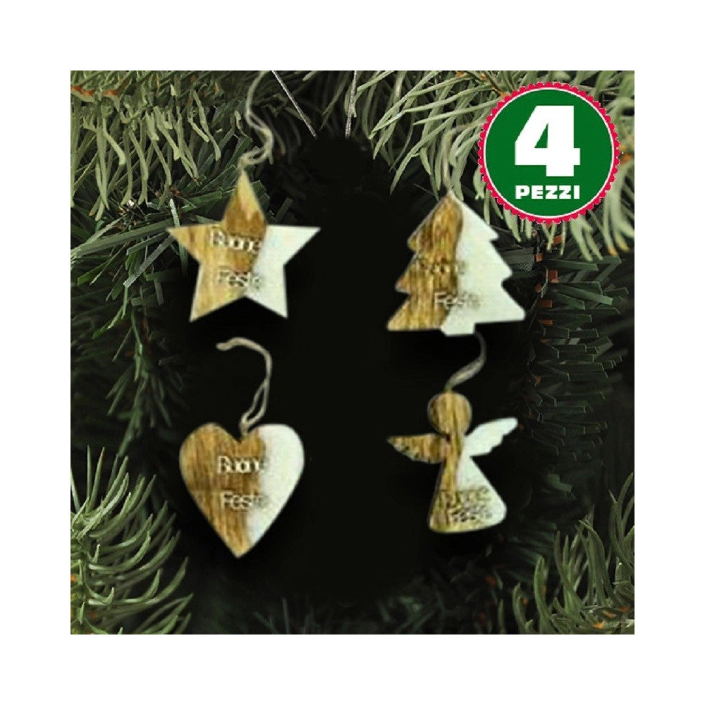 Trade Shop - 4 Appendini Natale Legno Ovatta Forma Stella Albero Angelo Cuore Con Scritta Buone Feste -