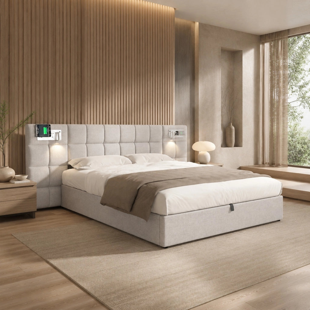Letto imbottito 180x200 cm con USB, ricarica wireless, luce integrata e contenitore idraulico, grigio