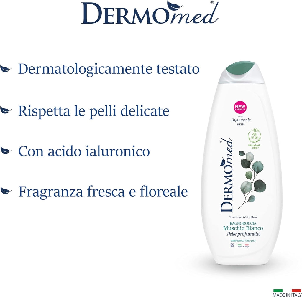 SET 12 PZ DERMOMED BAGNODOCCIA CON ACIDO IALURONICO 650 ML MUSCHIO BIANCO
