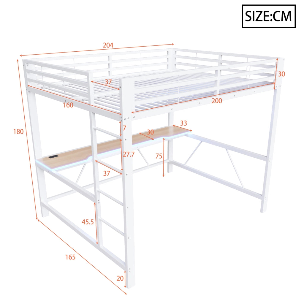 Letto a Soppalco 160x200 cm; Letto Singolo con Scrivania; LED; Guardrail - in Metallo; Bianco