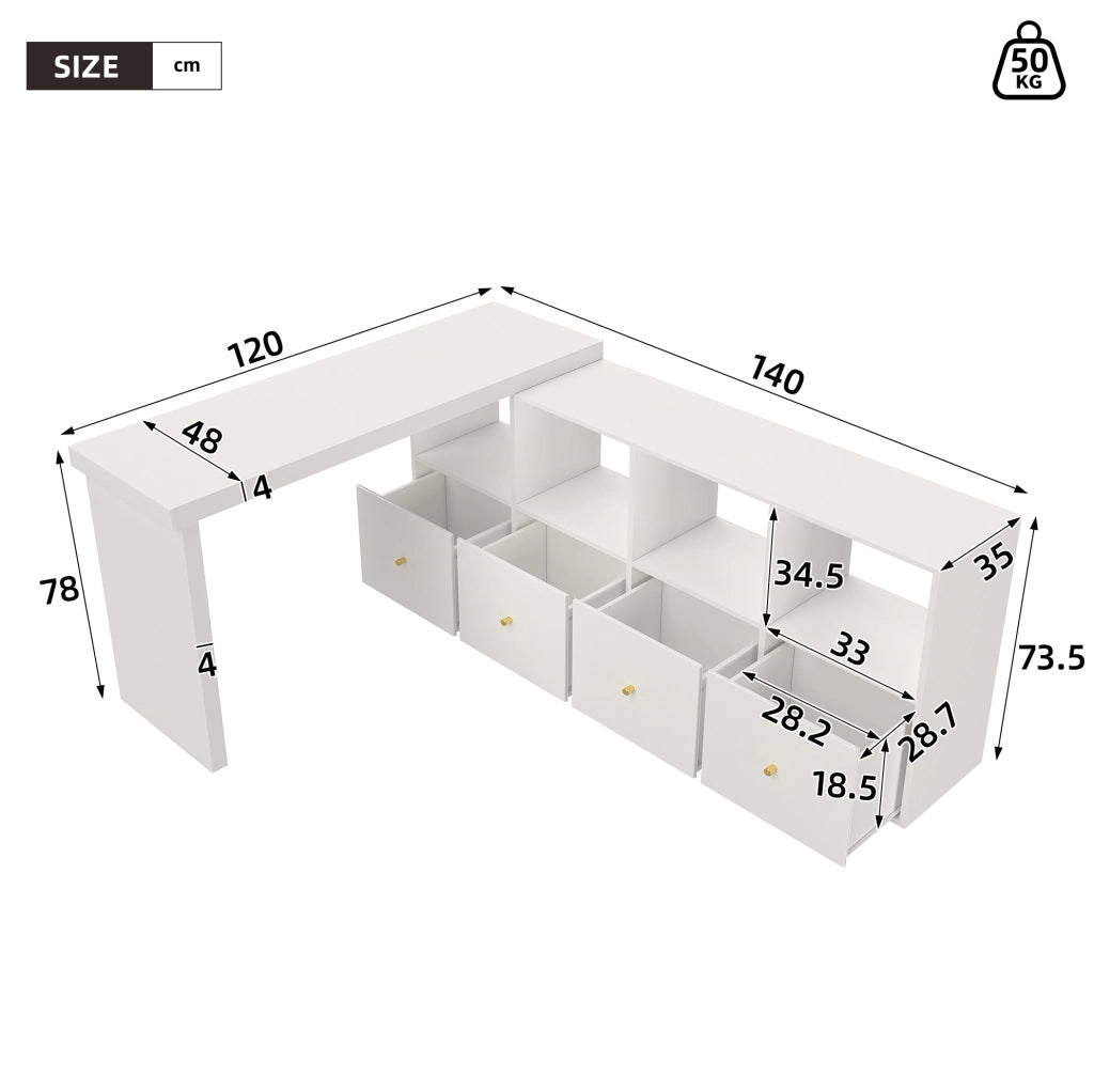Scrivania a L girevole a 360° in MDF; 4 vani; 4 cassetti; bianca