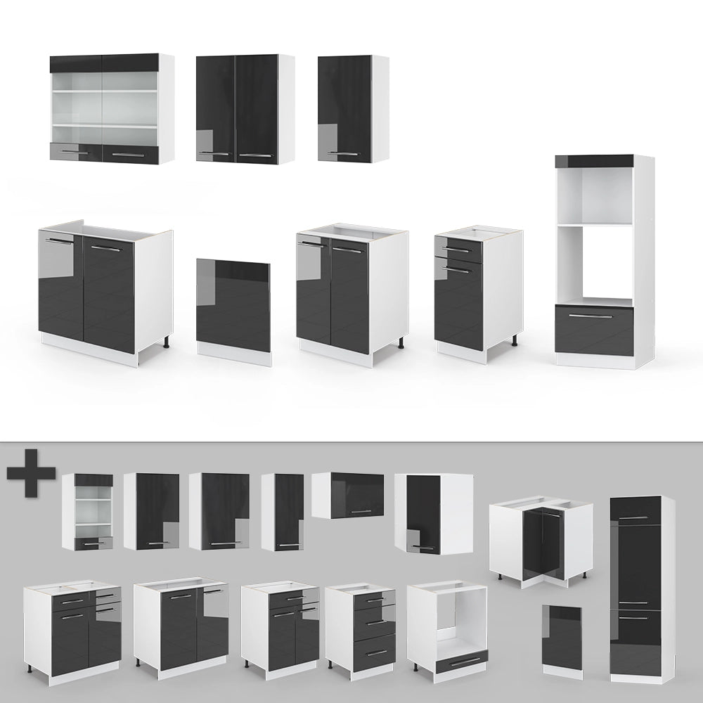 Vicco Cucina componibile Antracite lucido/bianco 300 cm con armadio alto, PL Rovere