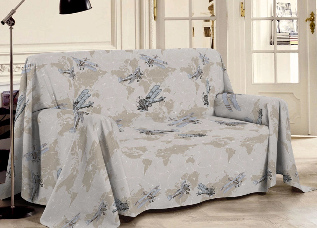 Telo Arredo Multiuso Linea Pensieri Delicati In Cotone Disegno Aerei Beige - Matrimoniale - Beige