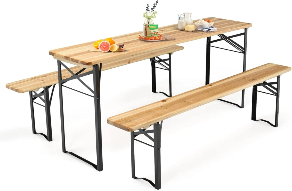 Set da Tavolo e 2 Panche da Campeggio Pieghevole, Tavolo da Picnic in Legno con Telaio e Gambe in Ferro Robusto，Adatto per Terrazza, Barbecue e Festa in Giardino