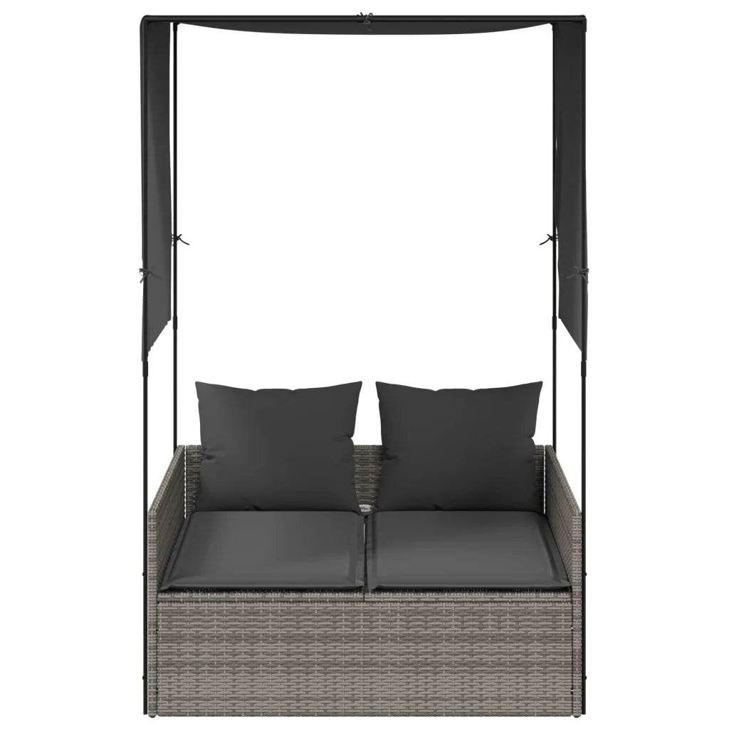 Lettino Prendisole | Sdraio da giardino | Lettino da sole Doppio Tetto e Tende Grigio in Polyrattan