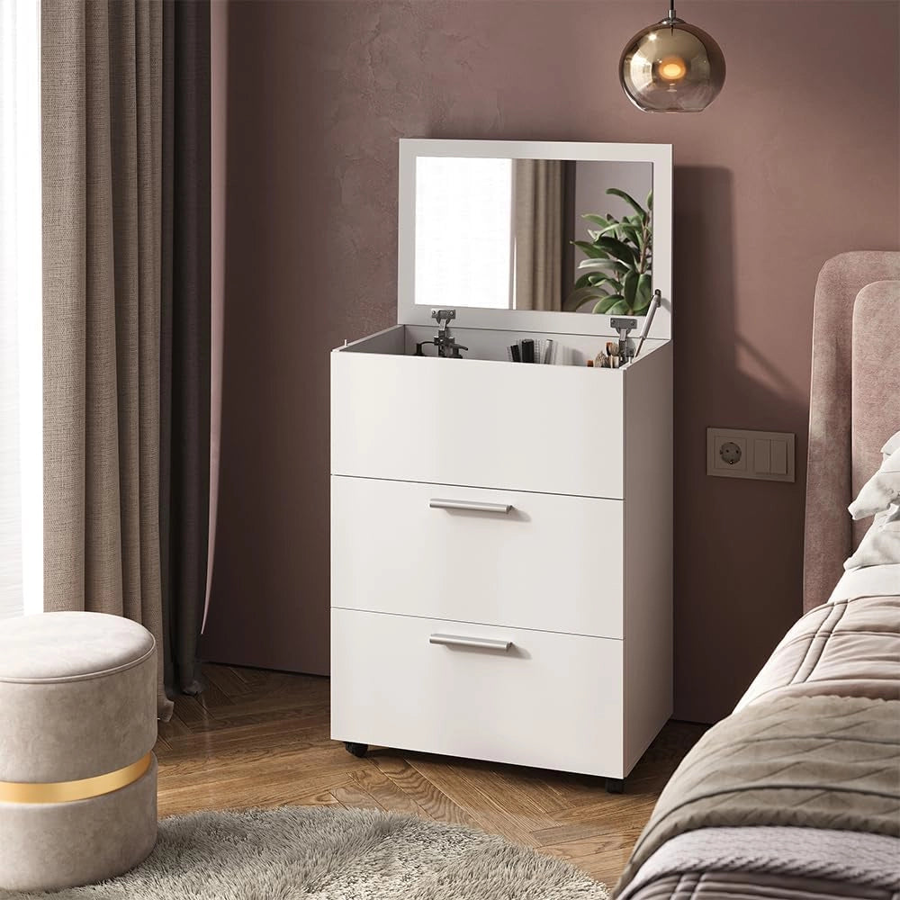 Tavolo da toeletta Hanna, Bianco, 65.8 cm con 2 cassetti, con specchio ribaltabile per l’uso come toeletta o cassettiera