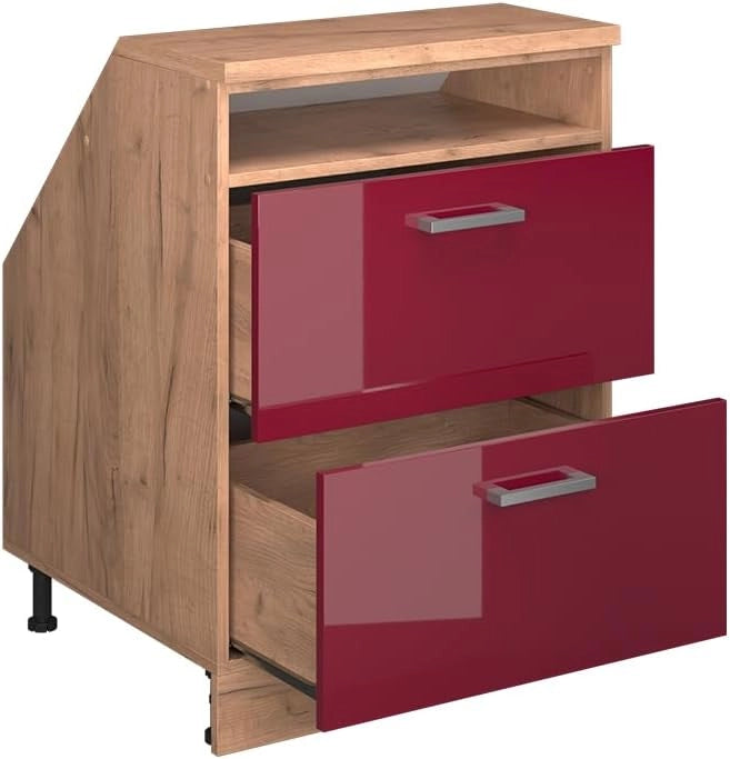 Mobile sottotetto Rion, Rosso lucido, 60 x 81.6 cm con 2 cassetti, carcassa 60 cm profondità, adatto per il salvaspazio sotto tetti spioventi