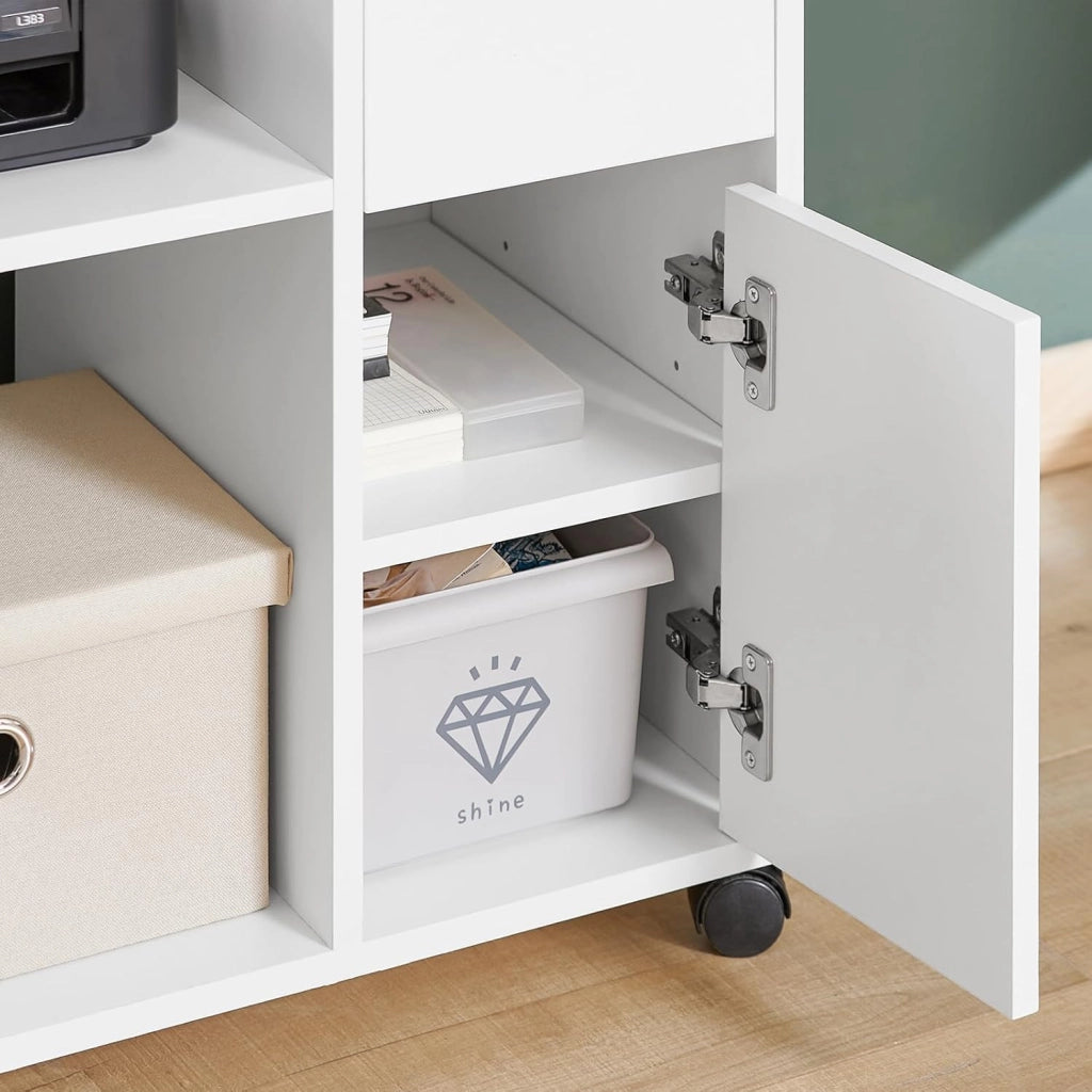 Cassettiera Scrivania con Ruote Mobiletto Ufficio Salvaspazio con Cassetto e Anta Supporto Stampante Schedario da Ufficio Bianco 72x40x54 cm ASK02-W