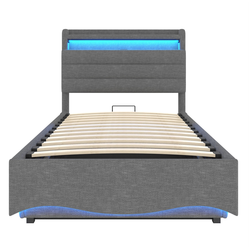 Letto imbottito con contenitore idraulico e LED 90x200 cm; lino grigio con USB e Type-C