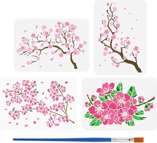 4 set di stencil fiori di ciliegio 21x29,7cm con pennello di bambù fiori vuoti piante - stencil a tema foglie fiori piante pattern plant